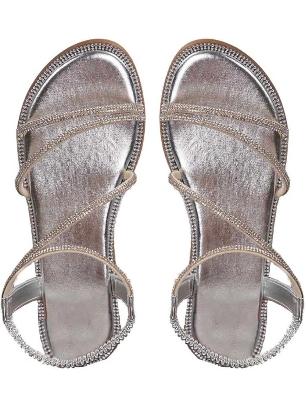 Women's Silver Summer Glitter Open Toe Sparkly Rhinestone Slides Flat Sandals